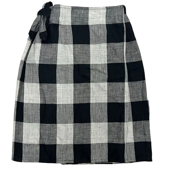 Adrienne Vittadini Collection 100% Linen Wrap Skirt Tie Front Knee Length Plaid - Picture 1 of 6